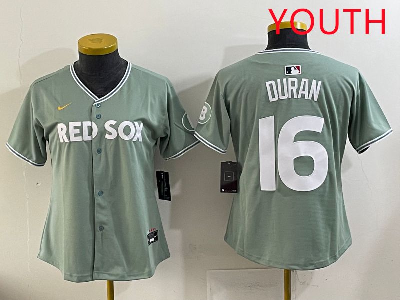 Youth 2025 Boston Red Sox 16 Duran Light Green Joint Name Nike MLB Jersey style 1
